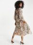 Фото #2 товара ASOS DESIGN dobby button through long sleeve lace trim midi tea dress in animal print