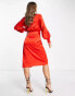 Фото #4 товара Never Fully Dressed tie waist satin midi dress in red