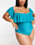 Brave Soul Plus bandeau swimsuit with frilll detail in blue