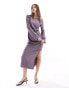 ASOS DESIGN long sleeve gathered waist midi with twist back detail in deep mauve