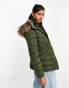 New Look puffer jacket with faux fur hood in khaki