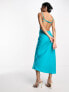 ASOS DESIGN satin elasticated strappy midi dress with open back in turquoise