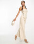 Kaiia leather look bandeau wide leg jumpsuit in stone