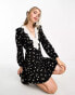 New Look ruffle detail long sleeve mini dress in black ditsy floral