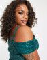 Jaded Rose Plus off shoulder crop top in emerald sequin co-ord