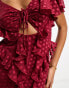 Фото #2 товара ASOS DESIGN flutter sleeve ruffle maxi dress with cut out detail in textured spot in dark red