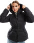 Stradivarius belted padded jacket with hood in black