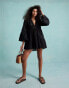 Фото #1 товара Miss Selfridge beach broderie lace insert fluted sleeve cover up mini dress in black