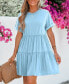 Women's Blue Round Neck Short Sleeve Drop Shoulder Mini Beach Dress