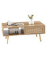 Rattan Coffee Table, Sliding Door For Storage, Solid Wood Legs, Modern Table For Living Room