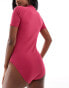 Фото #2 товара Threadbare sporty short sleeve swimsuit with zip front and high neck in magenta pink