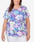 Фото #1 товара Plus Size Pleated Neck Floral Short Sleeve Tee