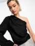 & Other Stories one shoulder top with draped tie neck and fluted sleeve in black