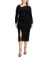 Фото #1 товара Plus Size Asymmetrical-Neck Ruched Animal Print Velvet Midi Dress
