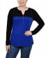 Petite Long Sleeve Studded Colorblocked Split Neck Top