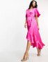 Flounce London flutter sleeve wrap front satin maxi dress in fuchsia pink