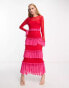 Never Fully Dressed mesh frill midaxi dress in contrast pink and red