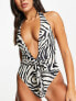 Фото #4 товара Public Desire zebra plunge tie waist swimsuit in black and white