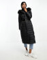 River Island maxi belted puffer with faux fur hood in black Черный, 34 - фото #3