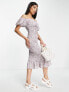 Love Triangle puff sleeve shirred midi dress in lilac floral