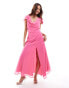 ASOS DESIGN chiffon cowl neck midi dress with puff sleeves and asymmetric hem in hot pink Розовый, 42 - фото #1