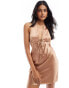 Miss Selfridge satin lace trim halter mini dress in bronze Бронзовый, 38 - фото #1