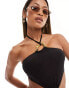 Simmi strappy halterneck cut out swimsuit with gold hardwear detail in black