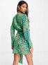 Фото #2 товара Never Fully Dressed wrap tie mini dress in emerald leopard