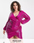 Фото #1 товара Flounce London Plus long sleeve mini wrap dress in hot pink metallic sparkle