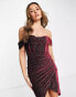 Фото #2 товара Lavish Alice glitter velvet off shoulder midi dress in burgundy