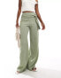 ASOS DESIGN textured wide leg trouser with belt in light khaki