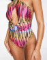 ASOS DESIGN cross neck cut out ring detail swimsuit in abstract ombre print