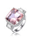 ფოტო #1 პროდუქტის Sterling Silver with Rhodium Plated Morganite Asscher with Clear Emerald Cubic Zirconia Halo Three-Stone Ring