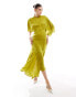 Фото #1 товара ASOS DESIGN satin flutter sleeve asymmetric hem midi dress in chartreuse