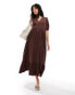 Фото #1 товара Wednesday's Girl linen puff sleeve v-neck midaxi dress in chocolate brown