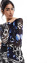 Vero Moda long sleeved lettuce edge mesh maxi dress in blue abstract butterfly print