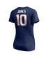 ფოტო #4 პროდუქტის Women's Mac Jones Navy New England Patriots Logo Player Icon Name Number V-Neck T-shirt