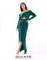 Фото #1 товара ASOS DESIGN Petite plisse bardot twist front maxi dress in bottle green