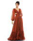 Women's Pleated Cut Out Long Sleeve Lace Up Tiered Gown