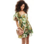 Фото #1 товара ASOS DESIGN square neck lace insert mini dress with puff sleeves in green floral print