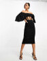 Фото #6 товара ASOS DESIGN off shoulder draped sleeves corset mesh insert midi dress in black