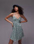 Фото #1 товара Topshop strappy ruched waist mini flippy dress in mint check