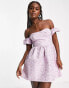 Фото #2 товара Miss Selfridge jacquard puff sleeve bardot mini dress in lilac