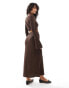 ASOS DESIGN slash neck textured long sleeve belted midi dress in chocolate