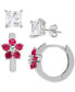 2-Pc. Set Lab Grown Ruby (1/10 ct. t.w.) & Lab Grown White Sapphire (5/8 ct. t.w.) Square Stud & Flower Hoop Earrings in Sterling Silver