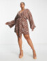 Pretty Lavish Curve knot front satin mini dress in brown stripe