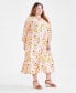 ფოტო #3 პროდუქტის Plus Size Floral-Print Tiered Linen-Blend 3/4-Sleeve Dress, Created for Macy's