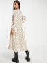 ASOS DESIGN Petite long sleeve tiered smock midi dress in beige spot print