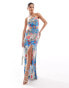 ASOS DESIGN asymmtetric cut out maxi dress with hardware detail in postcard print