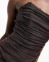 NaaNaa bandeau ruched midi dress with side slit in chocolate brown